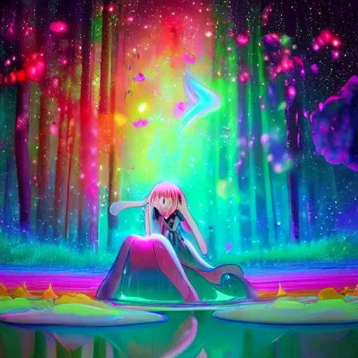Image similar to psychedelic, whimsical, anime, 4k, beautiful intimate woman with professional makeup, long trippy hair, a crystal and flower dress, bathing in a reflective pond, underneath the stars, rainbow fireflies, trending on patreon, deviantart, twitter, artstation, volumetric lighting, heavy contrast, art style of Ross Tran and Ilya Kuvshinov