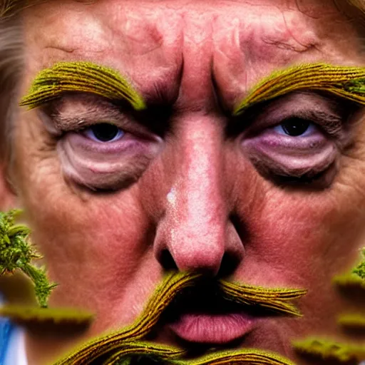 Image similar to close up photograph of very high on weed donald trump, stoner eyes, donald trump smoked weed, weed background, 8 k resolution