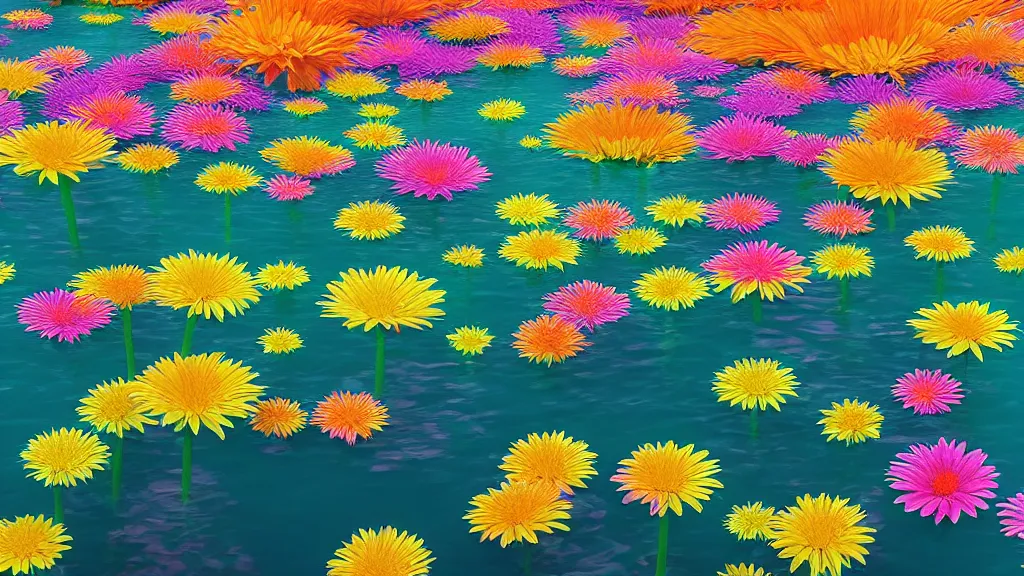 Prompt: digital illustration of a lake full of giant multi - colored gerber daisy flowers by dr. seuss, reimagined by ilm and beeple : 1 | megaflora, spectral color, electric color, rolling hills : 0. 9 | fantasy : 0. 9 | unreal engine, deviantart, artstation, hd, 8 k resolution : 0. 8