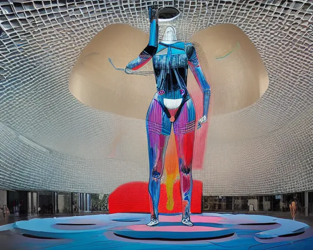 Image similar to a transforming model wearing futuristic bodysuit waving a flag on a rotating platform in a bullring surrounded by lights by james jean and luc tuymans and beeple and hernan bas and pat steir and hilma af klint, psychological, 3 d, dripping paint, high quality render, masterpiece