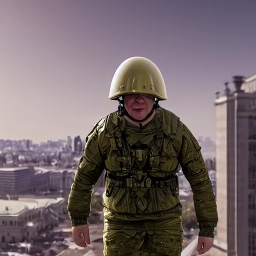 Prompt: boris johnson with military helmet on in kyiv, realistic, long shot, sunny lighting, octane render, gq magazine, hyper realistic, high quality, highly detailed, hd, beautiful, cinematic, 8 k, unreal engine, facial accuracy,