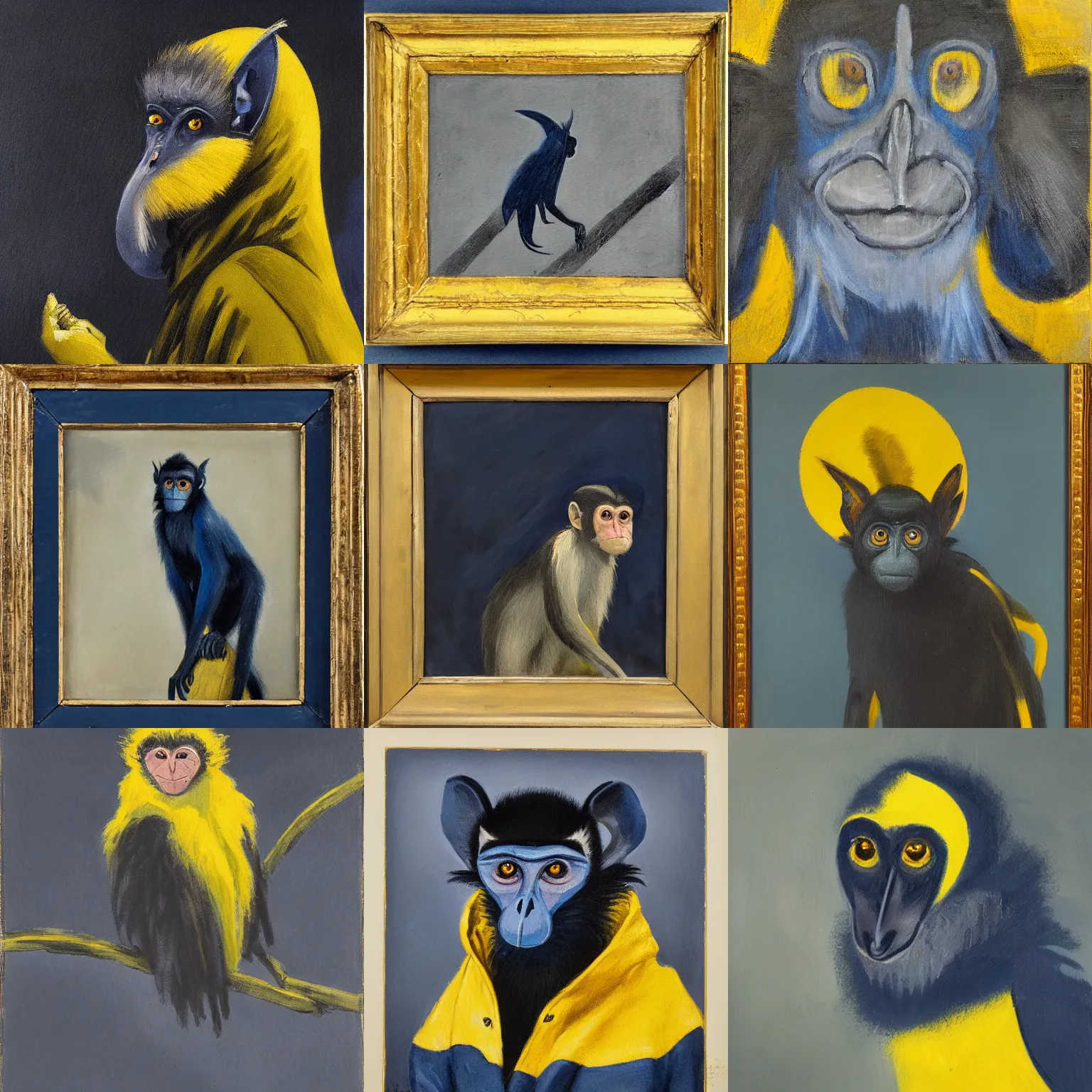 Prompt: tonalist painting of long - eared monkey - crow creature wearing a raincoat, prussian blue and azo yellow, grisaille, dramatic lighting