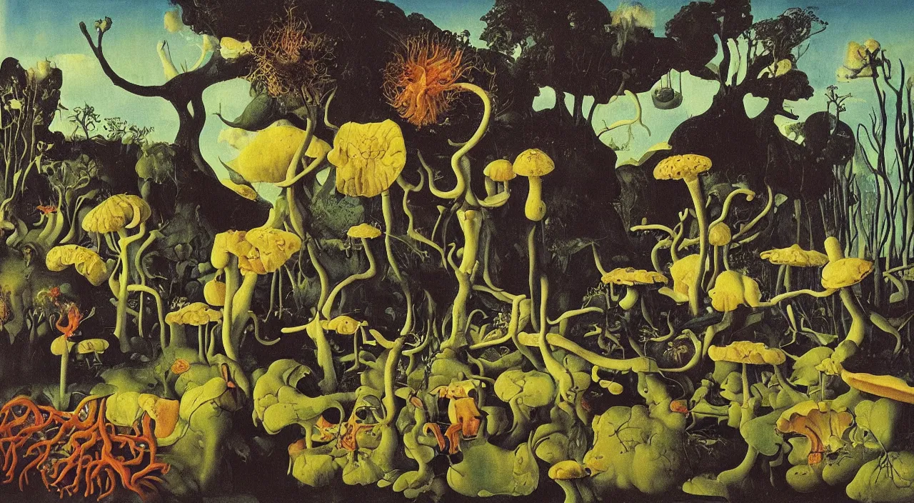 Image similar to surreal flooded! fungus. painting by jan van eyck, audubon, rene magritte, agnes pelton, max ernst, walton ford, high contrast!!, dark shadows, sunny day, white background, hard lighting, masterpiece