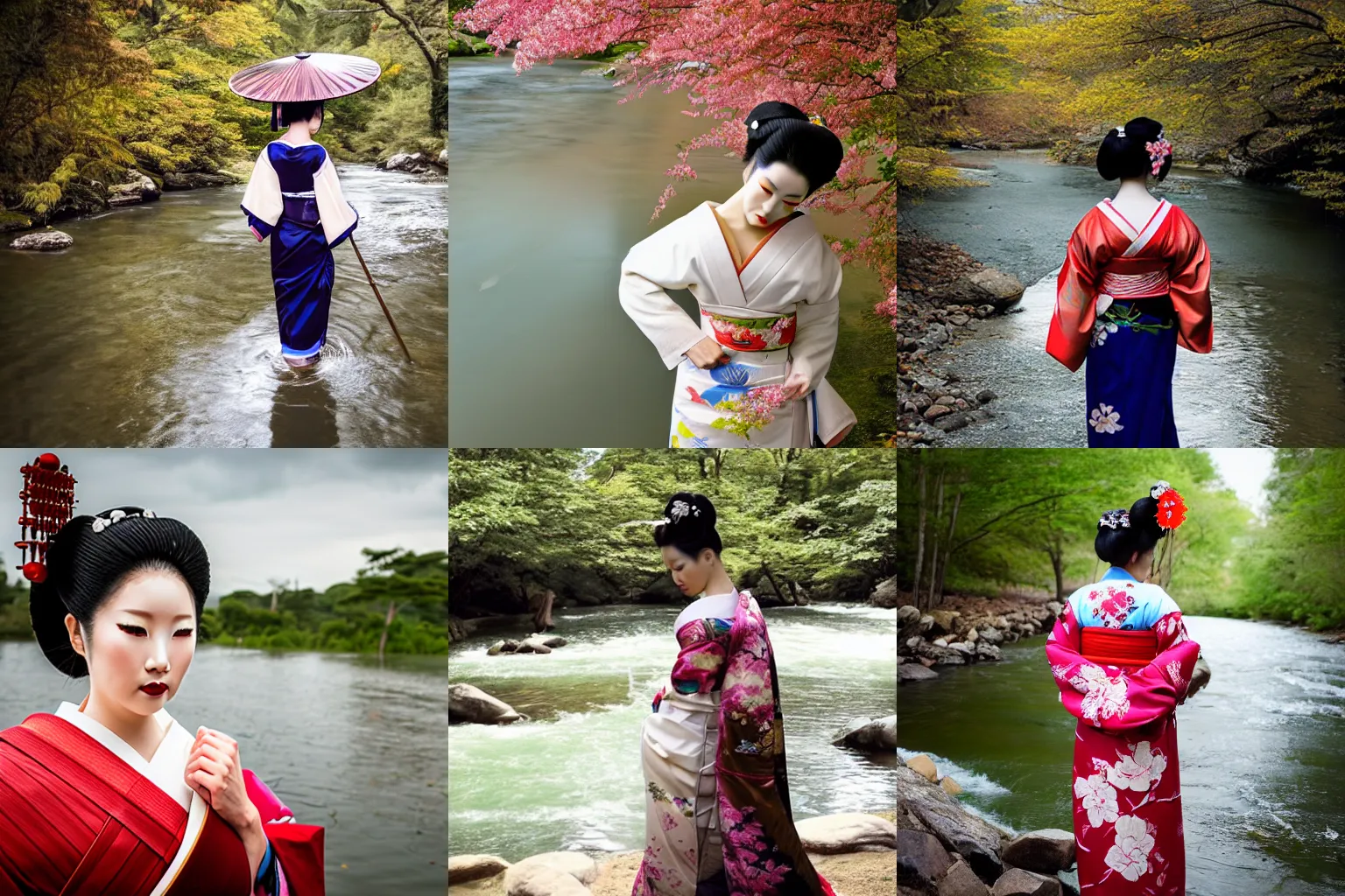 Prompt: photo of a beautiful female geisha walking next to a river