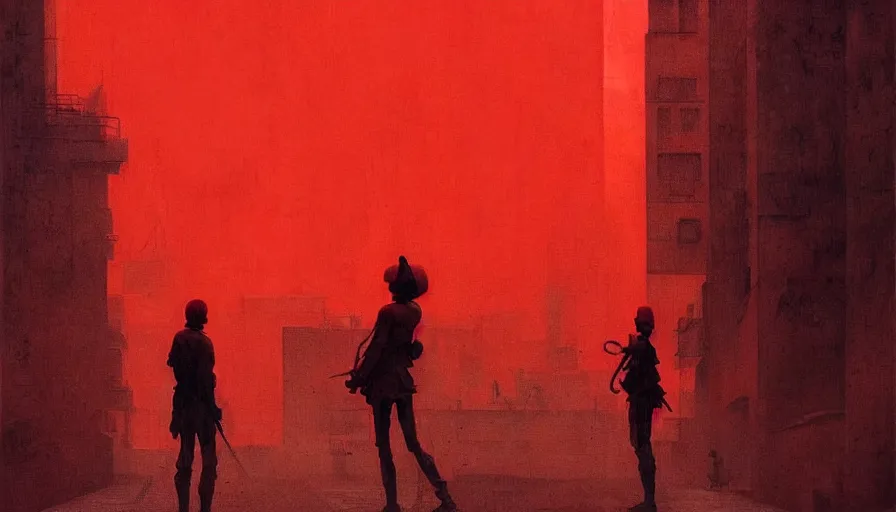 Image similar to only with red, soviet communism city atmosphere with soviet flag, in the style of beksinski and rodcenko and yue minjun and cory loftis, intricate and epic composition, red by caravaggio, highly detailed, masterpiece, red light, artstation, art nouveau