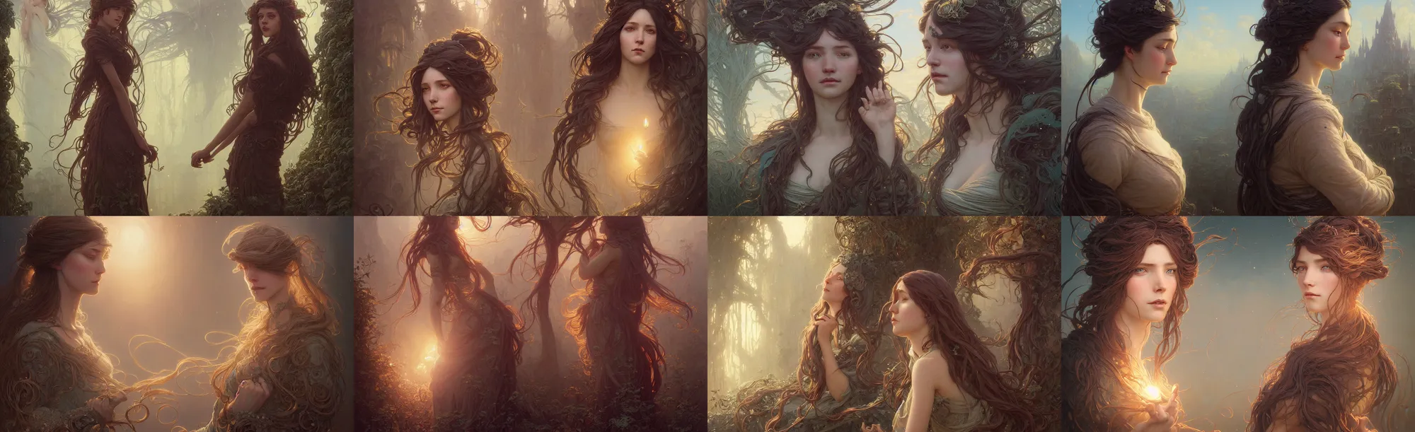 Image similar to highly detailed portrait of a woman with long hairs, stephen bliss, unreal engine, fantasy art by greg rutkowski, art nouveau, loish, rhads, ferdinand knab, makoto shinkai and lois van baarle, ilya kuvshinov, rossdraws, tom bagshaw, alphonse mucha, global illumination, radiant light, detailed and intricate environment