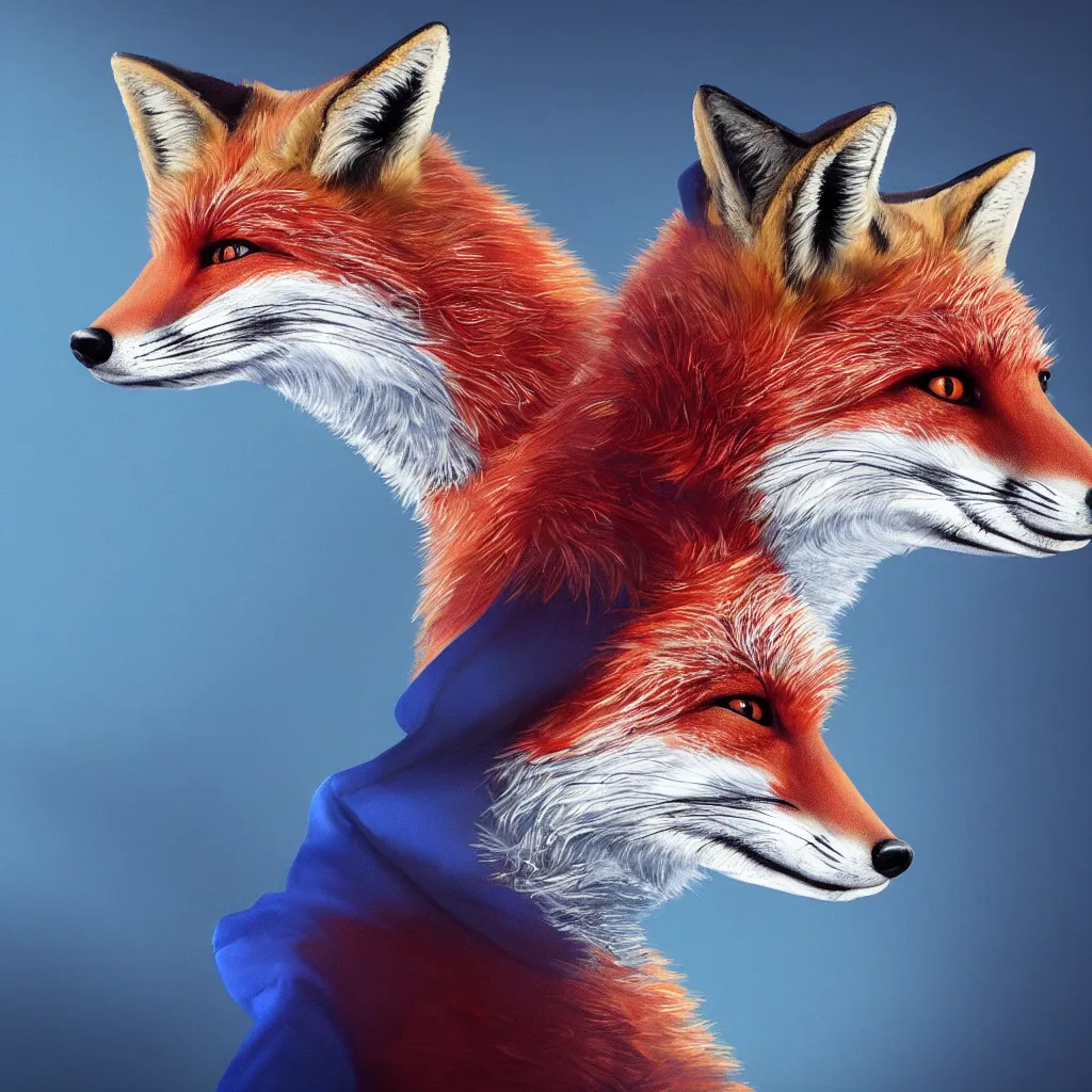 Image similar to a close-up profile shot of a red fox in a blue hoodie typing in a notebook computer, white background, concept art, synthwave style, digital art picture, highly detailed, artstation, badge