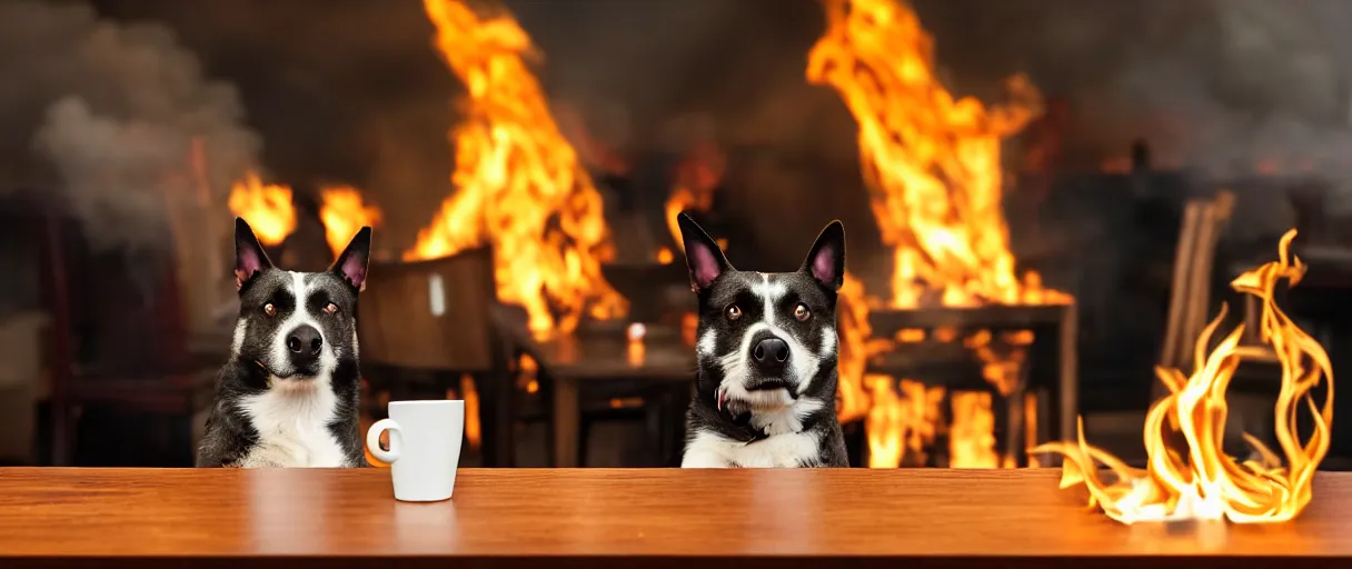 Image similar to a photograph (flash on) of a relaxed anthropomorphic dog sitting on a wooden chair at a table (no fire at all there), surrounded by flames, there is a full cup of coffee on the table, huge fire on this dining room in the background, a lot of flames behind the dog, black smoke instead of the ceiling, no watermark