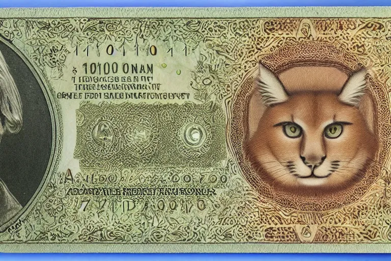 Prompt: one dollar banknote with cute caracal face on it, intaglio style, photo realistic, ultra detailed