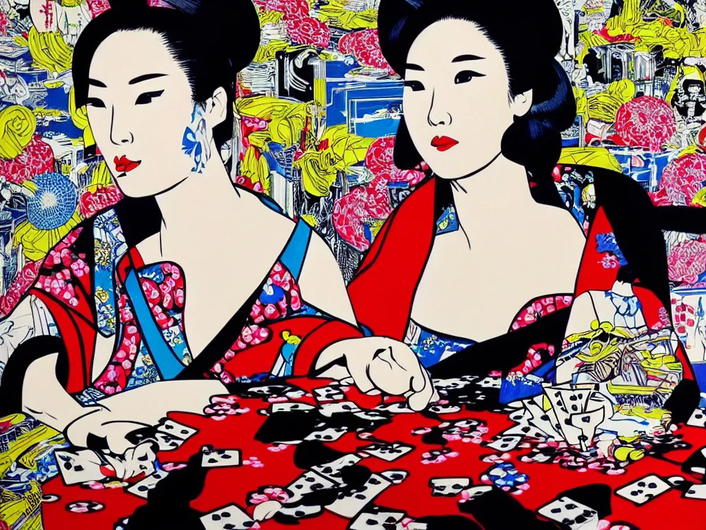 Image similar to hyperrealistic composition of the detailed woman in a japanese kimono sitting at a poker table with detailed darth vader, fireworks, mount fuji on the background, pop - art style, jacky tsai style, andy warhol style, roy lichtenstein style, acrylic on canvas