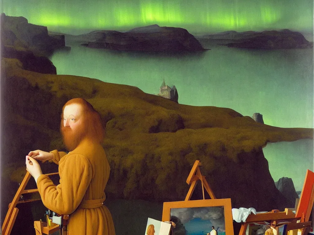 Image similar to portrait of a young painter at his easel, canvas. landscape with iceberg, aurora. painting by jan van eyck, rene magritte, agnes pelton