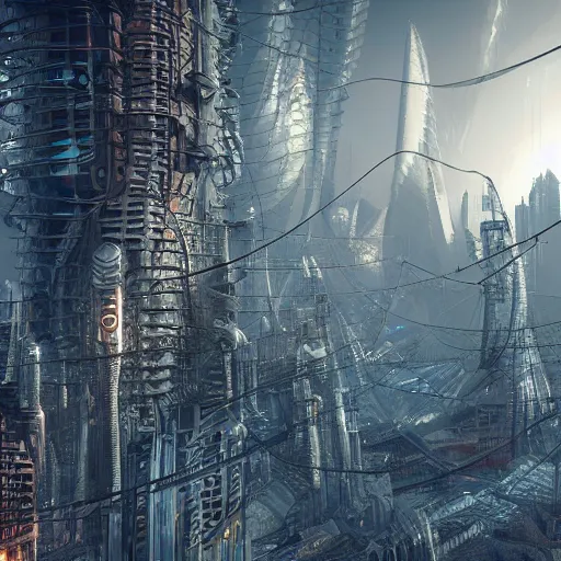 Prompt: photo of a futuristic city in a dystopian future made of electronic components by hr giger and zdzislaw beksinski. Very detailed 8k. Unreal engine 5 render with nanite, global illustration and path tracing. Cinematic post processing.