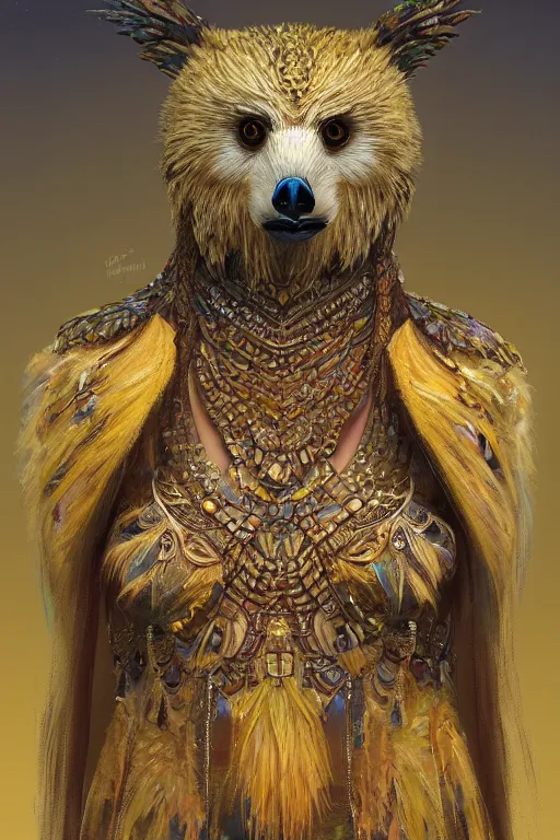 Prompt: a beautiful upper body shot from a fantasy film of a humanoid iridescent yellow female falcon bear hybrid wearing a loose tunic. an anthropomorphic owlbear. fantasy, frown, intricate, elegant, highly detailed, digital painting, artstation, concept art, matte, sharp focus, illustration, art by artgerm and greg rutkowski and alphonse mucha