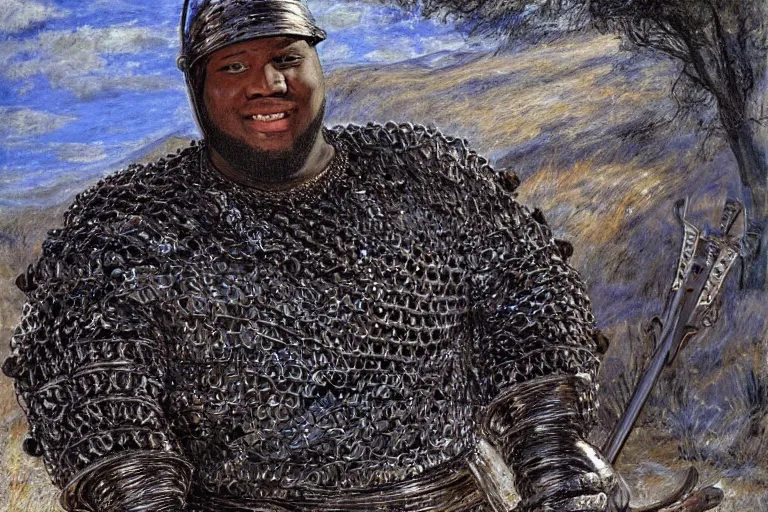 Image similar to portrait of edp445 but hes in chain mail armor by john everett millais