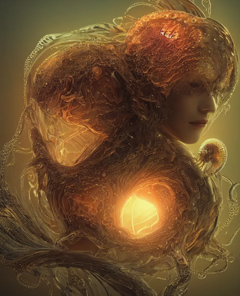 Image similar to close-up macro portrait of the face of a beautiful princess, epic angle and pose, symmetrical artwork, 3d with depth of field, blurred background, cybernetic jellyfish female face skull phoenix bird, translucent, nautilus, energy flows of water and fire. a highly detailed epic cinematic concept art CG render. made in Maya, Blender and Photoshop, octane render, excellent composition, cinematic dystopian brutalist atmosphere, dynamic dramatic cinematic lighting, aesthetic, very inspirational, arthouse. y Greg Rutkowski, Ilya Kuvshinov, WLOP, Stanley Artgerm Lau, Ruan Jia and Fenghua Zhong