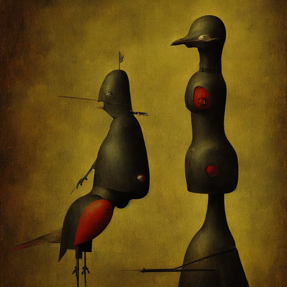 Image similar to standing robot bird, by hieronymus bosch, oil paint, portrait, cinematic, epic composition, digital painting, digital art, masterpiece