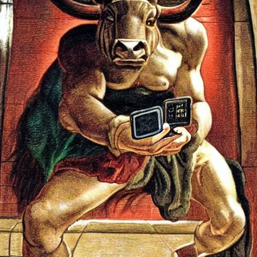 Image similar to the minotaur, riding on a subway, staring at his cell phone