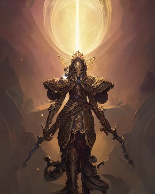 Prompt: Highly detailed Champion paladin in black gold intricate and ornate armor, unreal engine, fantasy art by peter mohrbacher, Greg Rutkowski, Loish, Rhads, radiant halo of light