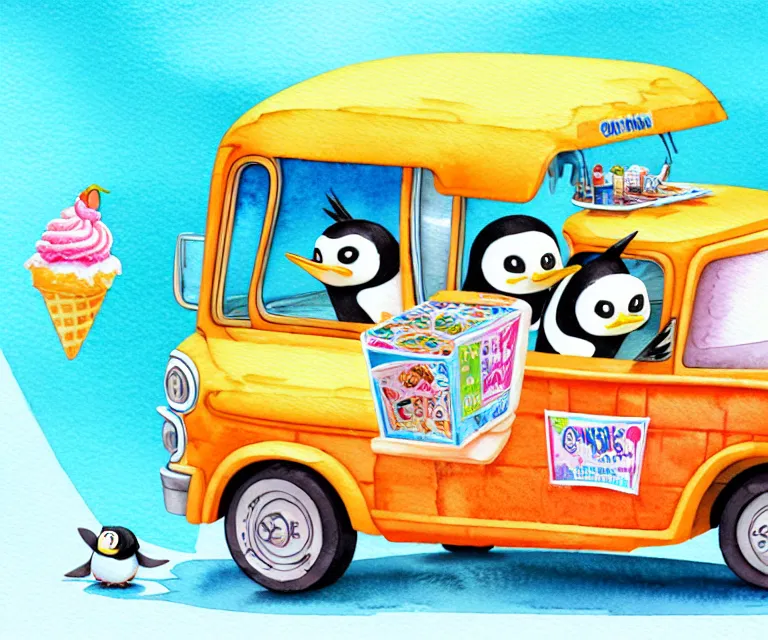 Image similar to cute and funny, penguin riding in a tiny ice cream truck, ratfink style by ed roth, centered award winning watercolor pen illustration, isometric illustration by chihiro iwasaki, edited by range murata, tiny details by artgerm and watercolor girl, symmetrically isometrically centered, sharply focused