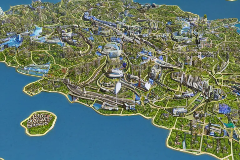 Prompt: a massive utopian city on a coastal shoreline