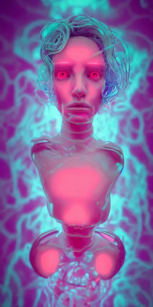 Image similar to high quality photo of rococo cyborg woman with pearlescent blue skin key sage wayne barlowe very soft pink neon lighting on one side wide angle 35mm shallow depth of field 8k