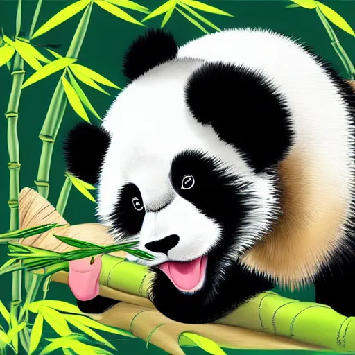 Prompt: panda bear eating bamboo, Cartoon for children's book LineArt, ArtStation, sharp focus, 4k