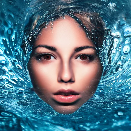 Prompt: water artwork manipulation in the shape of a beautiful female head, on the ocean water, ray tracing, realistic water sharp focus, long shot, 8 k resolution, cinematic, realistic water art