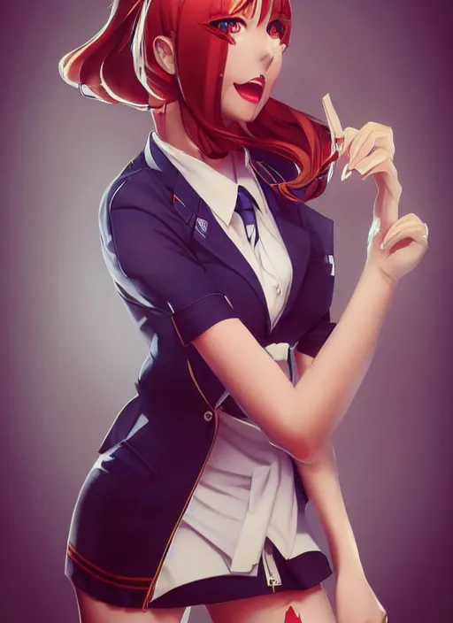 Image similar to beautiful portrait of a Flight Attendant who looks like Shiraki Meiko, Prison School anime, character design by Ross Tran, artgerm detailed, soft lighting