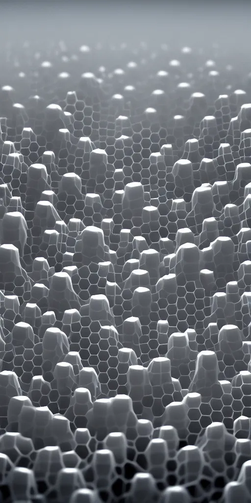 Image similar to a 3 d render of a crowd of anthropomorphic figures, made of an honeycomb organic pattern of transparent crystal, surrounded by fog, on a dark background, depth of field, dramatic, gritty, by etienne - louis boullee and frank gehry, hyper realistic, 4 k, unreal engine, ray tracing, trending on artstation