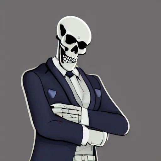 Image similar to an skeleton businessman posing for the camera, angled shot, sharp lines, only face and shoulders visible, digital, artstation, colored in