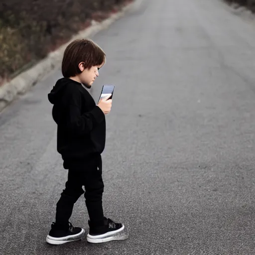 Image similar to a young boy with long greasy hair, wearing a black hoodie, looking down at his phone and slouching