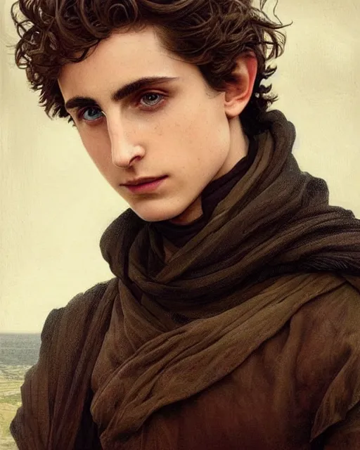 Image similar to beautiful paul atreides timothee chalamet with a three day beard, emperor of the known universe, completely blue eyes, perfect dramatic and dark portrait insanely detailed, concept art, deep focus, intricate, highly detailed, digital painting, artstation, matte, sharp focus, illustration, art by greg rutkowski and alphonse mucha, low angle, dominant eye