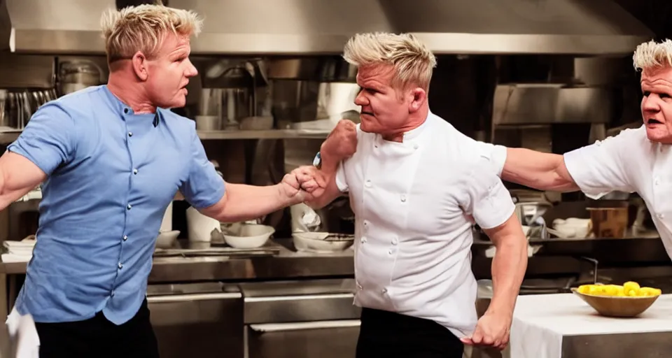 Image similar to photo of angry furious Gordon Ramsay punching Gordon Ramsay at the kitchen