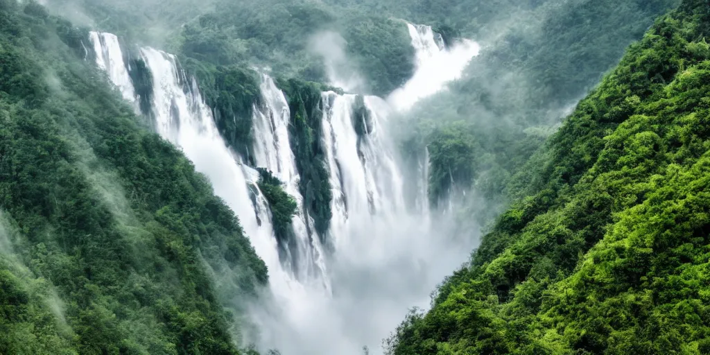 Image similar to Cloudy peaks in southern China with a waterfall, the style of National Geographic magazine