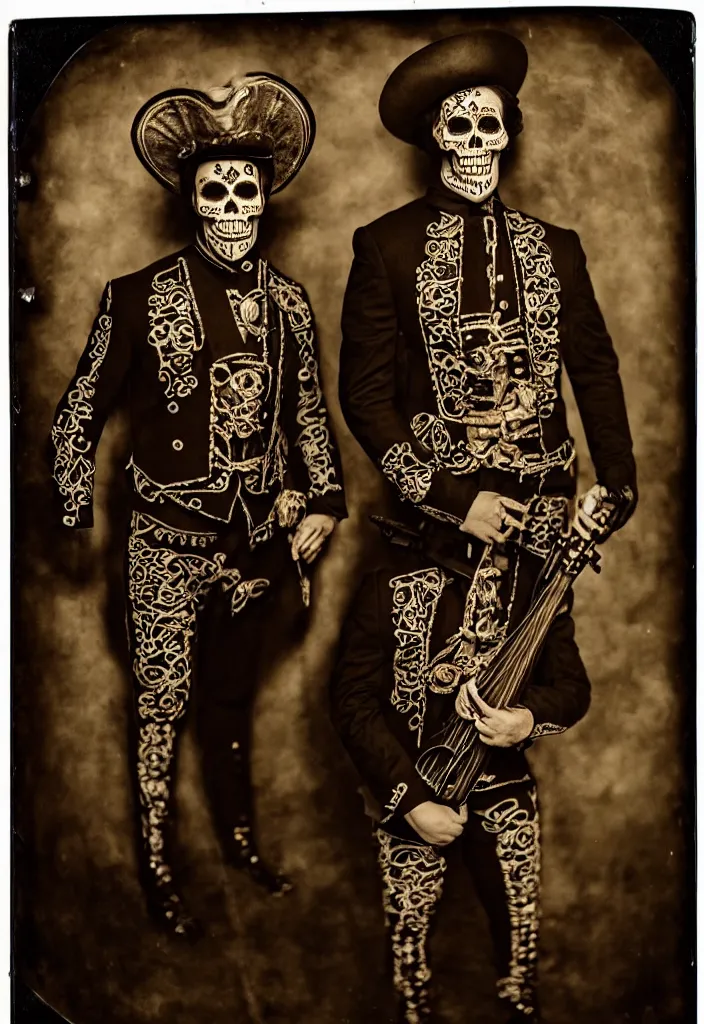 Prompt: tintype full body view, man in mariachi dia de muertos suit and make up, horrific beautiful vibe, evocative, atmospheric lighting, painted, intricate, highly detailed,