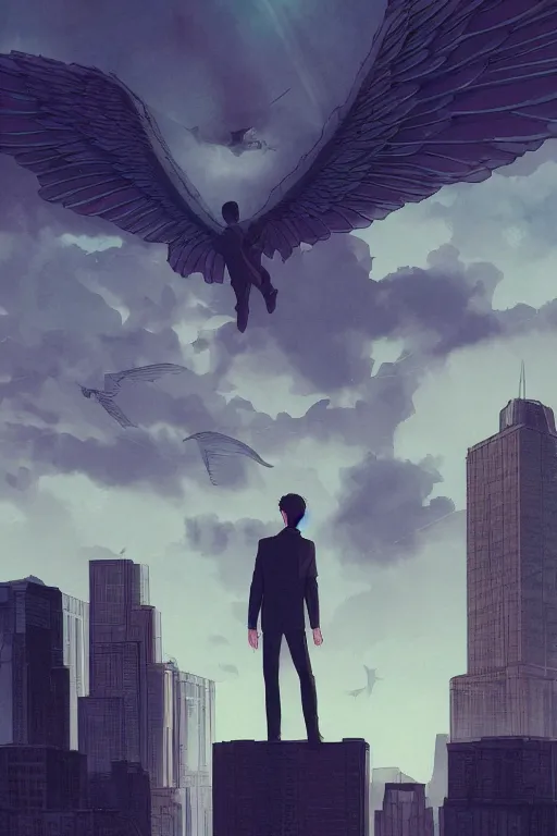 Image similar to concept art painting of a guy with wings flying over city skyline, moody vibe, moody lighting, artgerm, moebius, inio asano, toon shading, cel shading, calm, tranquil, vaporwave colors,