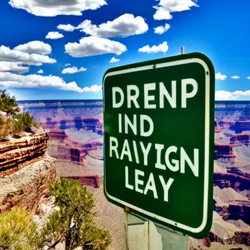 Image similar to A green sign that says Very Deep Learning and is at the edge of the Grand Canyon. Puffy white clouds are in the sky.