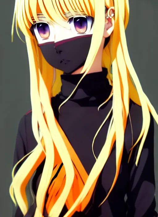Prompt: anime portrait of a beautiful blonde, yellow - orange eyes, ilya kuvshinov, black clothing, head tilt, anime, pixiv top monthly, trending on artstation, cinematic, danbooru, zerochan art, kyoto animation