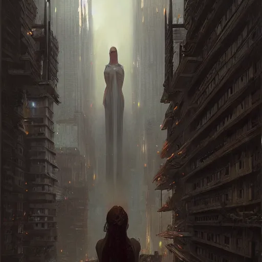 Image similar to ifirst person perspective in a city looking up at the sky to see god's female face looking down at you, doom, fantasy illustration, by greg rutkowski