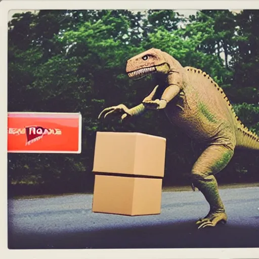 Image similar to polaroid photo of t - rex 🦖 stealing packages