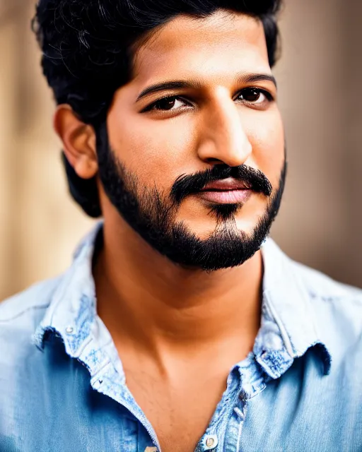 Image similar to A portrait of Dulquer Salmaan, highly detailed, trending on artstation, bokeh, 90mm, f/1.4