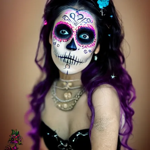 Prompt: canon mark 5, motion blur, realistic character portrait photo of a beautiful mexican girl, day of the dead makeup, muted colours, by britt marling, glitter storm