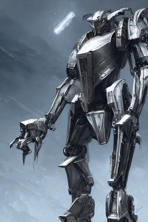 Image similar to giant mechwarrior, on the battlefield, detailed sleek silver armor, epic proportions, epic scale, highly detailed digital art, macro art, warframe fanart, destiny fanart, anthro, giantess, macro, deviantart, 8k 3D realism