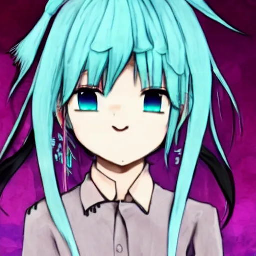 Image similar to hatsune miku eating small boy with back hair and blue purple eye, anime style