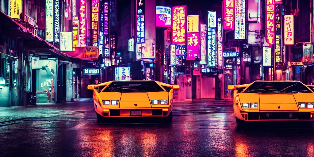 Prompt: photo lamborghini countach parked in a rainy neo tokyo street at night with neon light signs illuminating the scene, sharp focus, highly detailed, ray tracing, cinematic, moody, hdr, 4 k