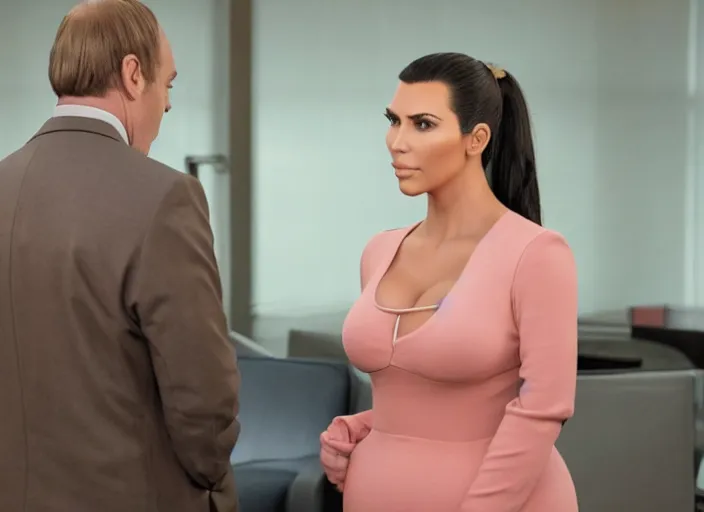 Image similar to a pov, film still of kim kardashian as kim wexler speaking to saul goodman, cinematic lighting, from better call saul.