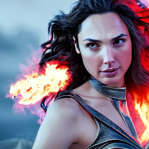 Image similar to gal gadot as a wizard with a robe casting fire spells, depth of field, zeiss lens, detailed, symmetrical, centered, fashion photoshoot, by Annie Leibovitz and Steve McCurry, David Lazar, Jimmy Nelsson, Breathtaking, 8k resolution, extremely detailed, beautiful, establishing shot, artistic, hyperrealistic, beautiful face, octane render