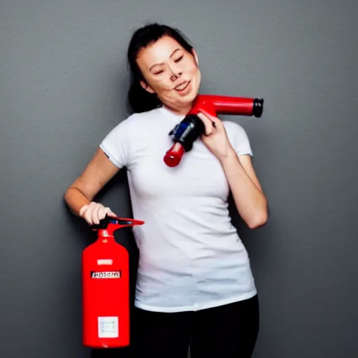 Prompt: a photo of a woman wearing a shirt holding a fire extinguisher, on her shirt writes two aunts