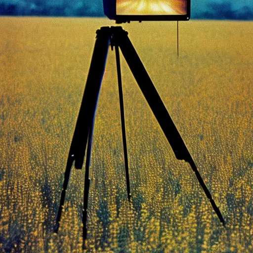 Prompt: wide view of an alien tripod walking in a field, aiming its laser at nearby peasants, 90s VHS TV still from the British series The Tripods (1984)