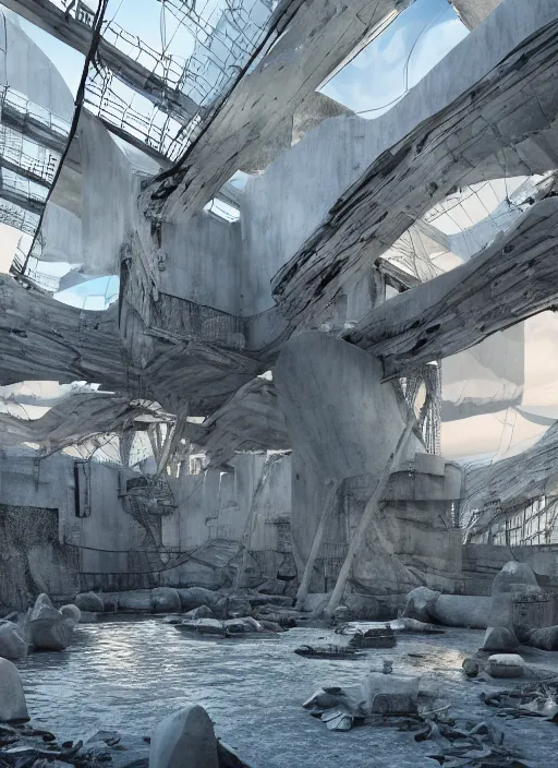 Prompt: virtual art exhibition, architecture installation in biennale venezia, bioremediation white mining tailing futuristic horizontal architecture, epic, cinematic, hyperealistic, high detailed, corona render, hdr, ray tracing